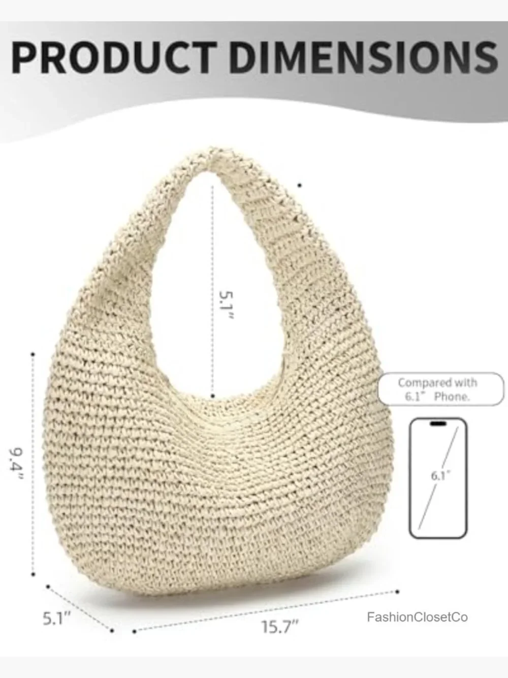 Handwoven Crescent Straw Hobo Bag with Top Zip - Picture 6 of 7